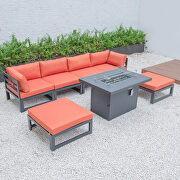Orange cushions 7-piece patio ottoman sectional and fire pit table black aluminum by Leisure Mod additional picture 10