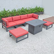 Red cushions 7-piece patio ottoman sectional and fire pit table black aluminum by Leisure Mod additional picture 2
