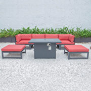 Red cushions 7-piece patio ottoman sectional and fire pit table black aluminum by Leisure Mod additional picture 3