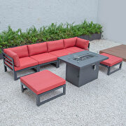 Red cushions 7-piece patio ottoman sectional and fire pit table black aluminum by Leisure Mod additional picture 9
