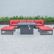Red cushions 7-piece patio ottoman sectional and fire pit table black aluminum by Leisure Mod additional picture 10