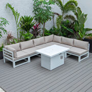 Beige cushions 7-piece patio sectional and fire pit table white aluminum by Leisure Mod additional picture 5