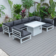 Black cushions 7-piece patio sectional and fire pit table white aluminum by Leisure Mod additional picture 2