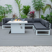 Black cushions 7-piece patio sectional and fire pit table white aluminum by Leisure Mod additional picture 5