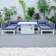 Blue cushions 7-piece patio sectional and fire pit table white aluminum by Leisure Mod additional picture 2