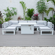 Light gray cushions 7-piece patio sectional and fire pit table white aluminum by Leisure Mod additional picture 2