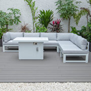 Light gray cushions 7-piece patio sectional and fire pit table white aluminum by Leisure Mod additional picture 6
