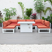 Orange cushions 7-piece patio sectional and fire pit table white aluminum by Leisure Mod additional picture 2