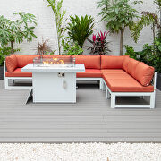 Orange cushions 7-piece patio sectional and fire pit table white aluminum by Leisure Mod additional picture 6