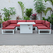 Red cushions 7-piece patio sectional and fire pit table white aluminum by Leisure Mod additional picture 2