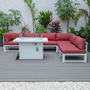 Red cushions 7-piece patio sectional and fire pit table white aluminum by Leisure Mod additional picture 6