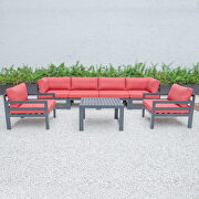 Red cushions 7-piece patio sectional & coffee table set black aluminum by Leisure Mod additional picture 3