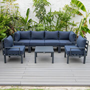 Blue finish cushions 7-piece patio sectional and coffee table set black aluminum by Leisure Mod additional picture 7