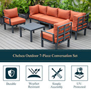 Orange finish cushions 7-piece patio sectional and coffee table set black aluminum by Leisure Mod additional picture 2