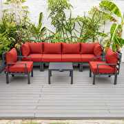 Red finish cushions 7-piece patio sectional and coffee table set black aluminum by Leisure Mod additional picture 7