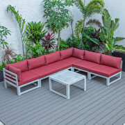 Red finish cushions 7-piece patio sectional and coffee table set in weathered gray aluminum by Leisure Mod additional picture 3