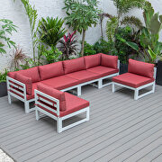 Red finish cushions 6-piece patio sectional in white aluminum by Leisure Mod additional picture 2