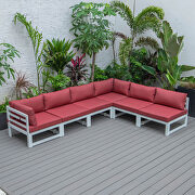 Red finish cushions 6-piece patio sectional in white aluminum by Leisure Mod additional picture 3