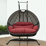 Dark red finish wicker hanging double egg swing modern chair by Leisure Mod additional picture 2
