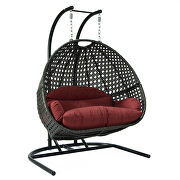 Dark red finish wicker hanging double egg swing modern chair by Leisure Mod additional picture 3