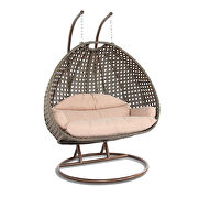 Beige wicker hanging double seater egg modern swing chair by Leisure Mod additional picture 2