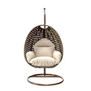 Taupe cushion wicker hanging egg swing chair by Leisure Mod additional picture 2