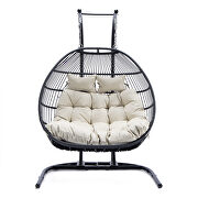 Beige finish wicker 2 person double folding hanging egg swing chair by Leisure Mod additional picture 2