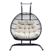 Beige finish wicker 2 person double folding hanging egg swing chair additional photo 2 of 8