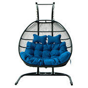 Blue finish wicker 2 person double folding hanging egg swing chair by Leisure Mod additional picture 2