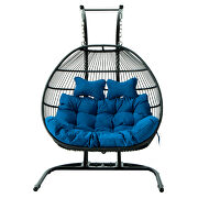 Blue finish wicker 2 person double folding hanging egg swing chair additional photo 2 of 8