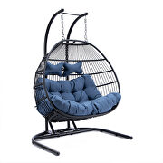 Navy blue finish wicker 2 person double folding hanging egg swing chair by Leisure Mod additional picture 2