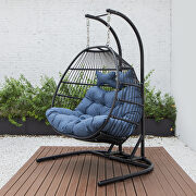 Navy blue finish wicker 2 person double folding hanging egg swing chair by Leisure Mod additional picture 3