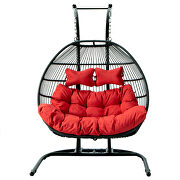 Red finish wicker 2 person double folding hanging egg swing chair by Leisure Mod additional picture 2