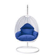 Blue cushion and white wicker hanging egg swing chair by Leisure Mod additional picture 2