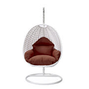Cherry cushion and white wicker hanging egg swing chair by Leisure Mod additional picture 3