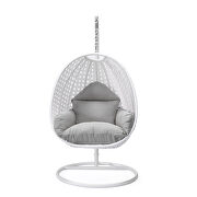 Light gray cushion and white wicker hanging egg swing chair additional photo 2 of 7