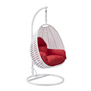 Red cushion and white wicker hanging egg swing chairv by Leisure Mod additional picture 2