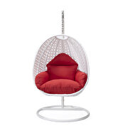 Red cushion and white wicker hanging egg swing chairv by Leisure Mod additional picture 3