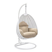Taupe cushion and white wicker hanging egg swing chair by Leisure Mod additional picture 2