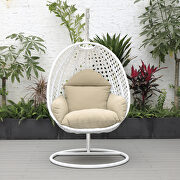 Taupe cushion and white wicker hanging egg swing chair by Leisure Mod additional picture 4