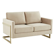 Modern mid-century upholstered beige velvet loveseat with gold frame additional photo 2 of 6