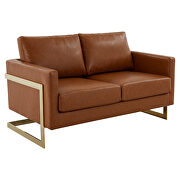 Modern mid-century upholstered cognac tan leather loveseat with gold frame by Leisure Mod additional picture 2