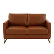 Modern mid-century upholstered cognac tan leather loveseat with gold frame by Leisure Mod additional picture 3