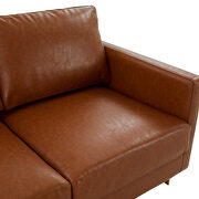 Modern mid-century upholstered cognac tan leather loveseat with gold frame by Leisure Mod additional picture 4