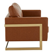 Modern mid-century upholstered cognac tan leather loveseat with gold frame additional photo 5 of 6