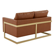 Modern mid-century upholstered cognac tan leather loveseat with gold frame by Leisure Mod additional picture 6