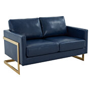 Modern mid-century upholstered navy blue leather loveseat with gold frame by Leisure Mod additional picture 2