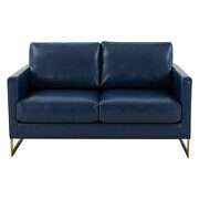 Modern mid-century upholstered navy blue leather loveseat with gold frame by Leisure Mod additional picture 3