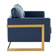 Modern mid-century upholstered navy blue leather loveseat with gold frame by Leisure Mod additional picture 5