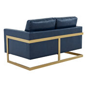 Modern mid-century upholstered navy blue leather loveseat with gold frame by Leisure Mod additional picture 6
